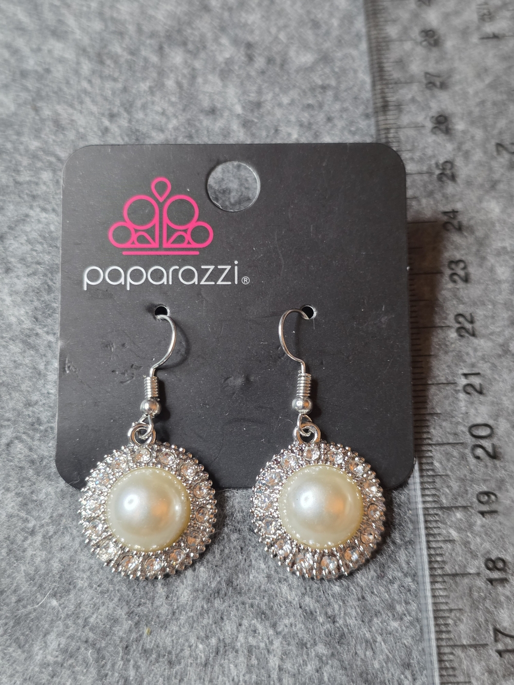 Paparazzi Cream Pearl and Silver Crystal Halo Earrings